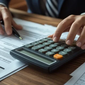 Homem preocupado analisando calculadora e papéis sobre mesa de escritório, representando o cálculo para revisão de pensão alimentícia após redução salarial.