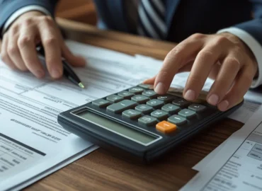 Homem preocupado analisando calculadora e papéis sobre mesa de escritório, representando o cálculo para revisão de pensão alimentícia após redução salarial.