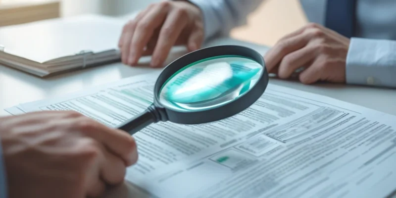 Pessoa analisando atentamente as cláusulas de um contrato de seguro com uma lupa, representando a busca por abusividades.