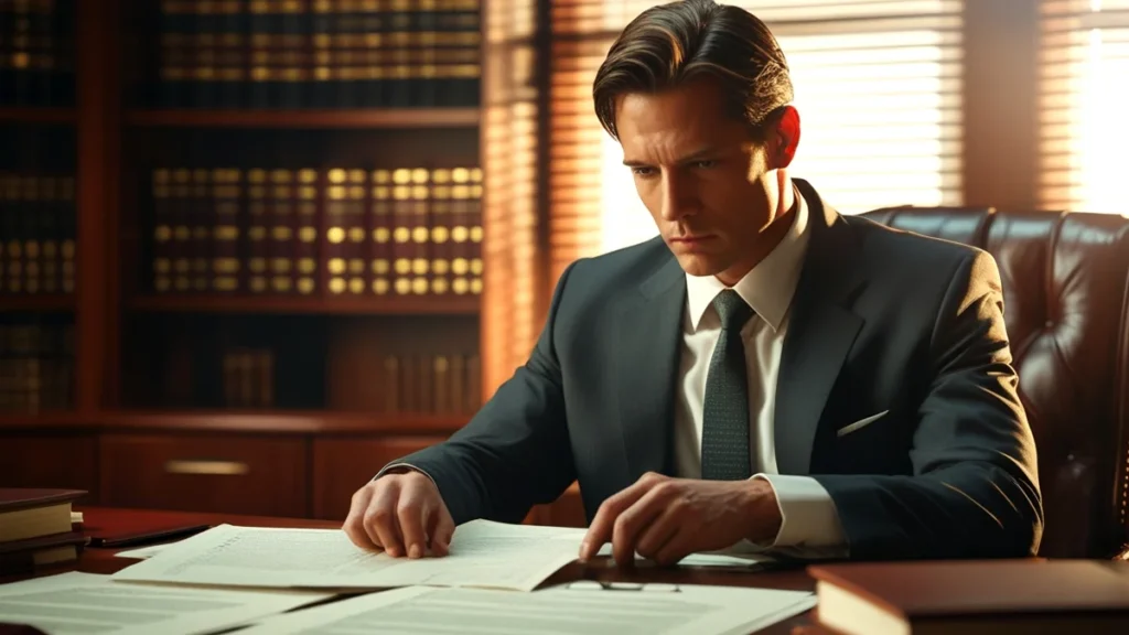 Advogado analisando documentos digitais sobre segurança de dados e fraudes bancárias em um escritório.