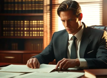 Advogado analisando documentos digitais sobre segurança de dados e fraudes bancárias em um escritório.