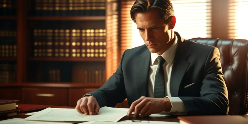 Advogado analisando documentos digitais sobre segurança de dados e fraudes bancárias em um escritório.