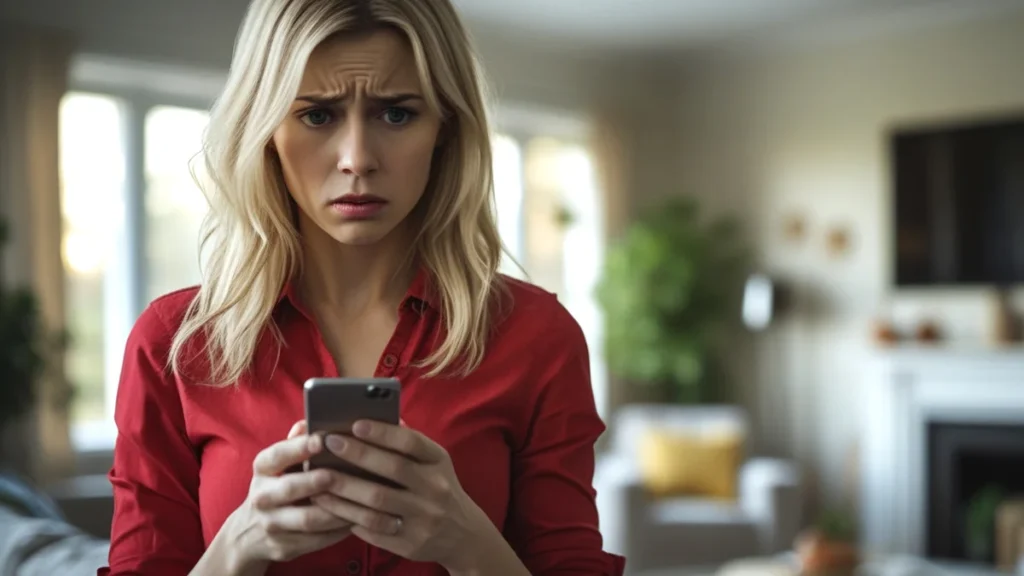 Pessoa visualizando perfil falso com suas próprias fotos no celular, simbolizando o uso indevido de imagem na internet.