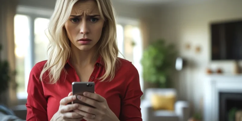 Pessoa visualizando perfil falso com suas próprias fotos no celular, simbolizando o uso indevido de imagem na internet.