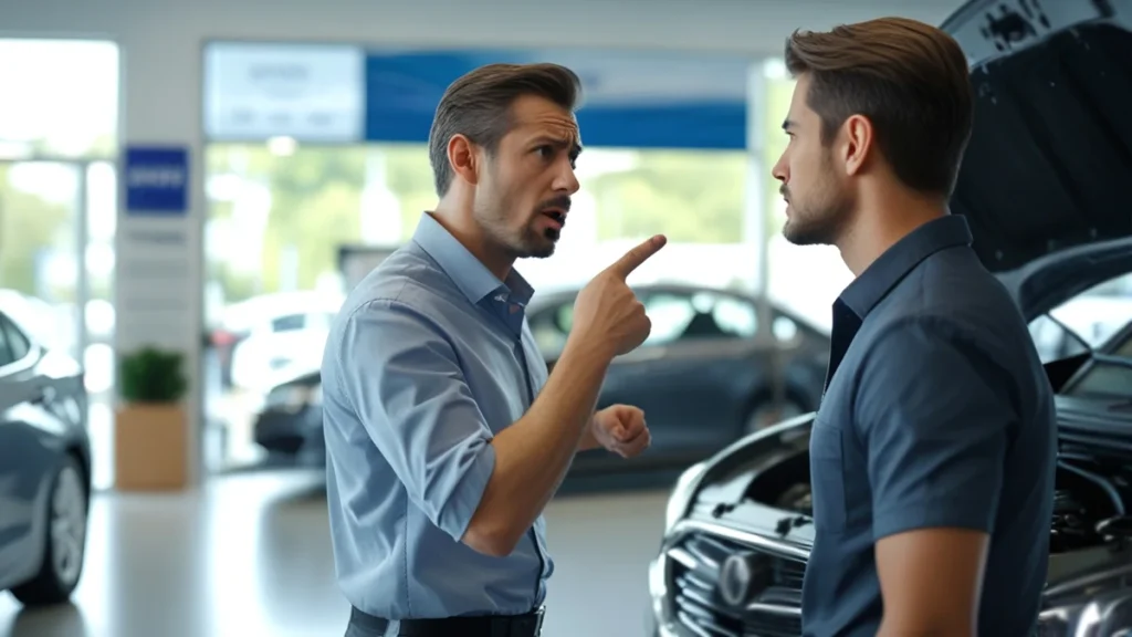 Homem insatisfeito ao lado de carro com capô aberto buscando informações sobre como desfazer a compra judicialmente.
