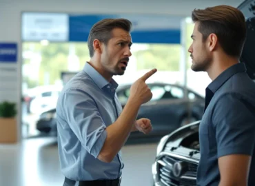 Homem insatisfeito ao lado de carro com capô aberto buscando informações sobre como desfazer a compra judicialmente.