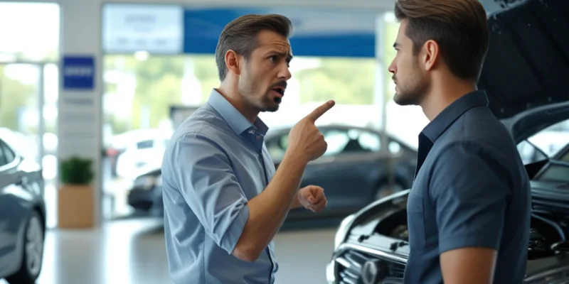 Homem insatisfeito ao lado de carro com capô aberto buscando informações sobre como desfazer a compra judicialmente.