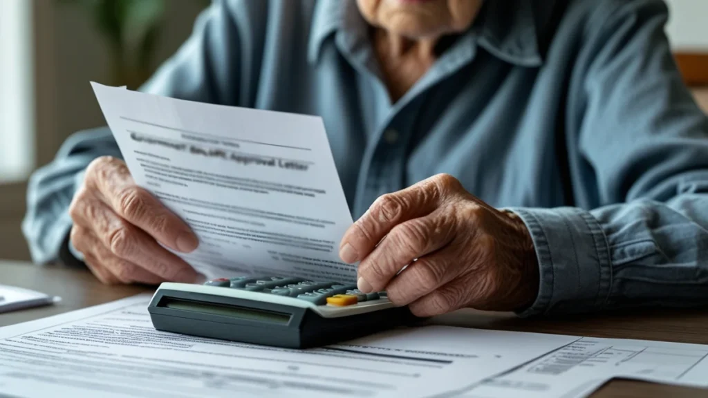 Pessoa idosa segurando calculadora e analisando carta de concessão de benefício para pedir a revisão do valor ao INSS.