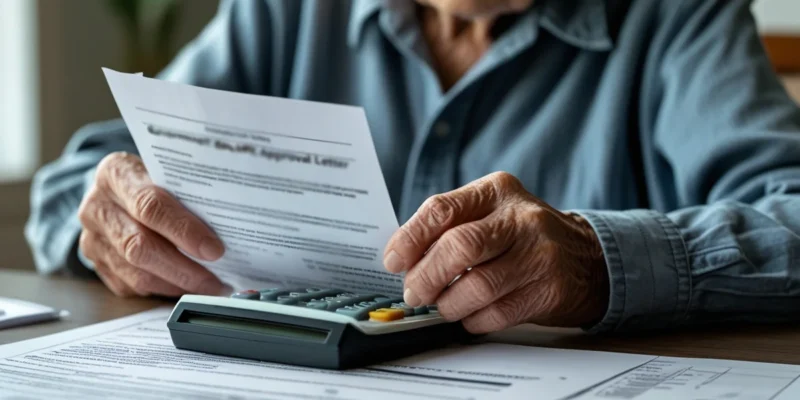 Pessoa idosa segurando calculadora e analisando carta de concessão de benefício para pedir a revisão do valor ao INSS.