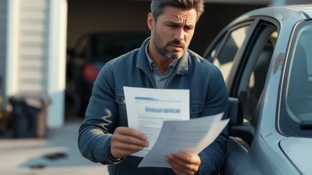 Proprietário de carro usado analisando apólice de seguro com expressão de dúvida após ter sinistro negado.