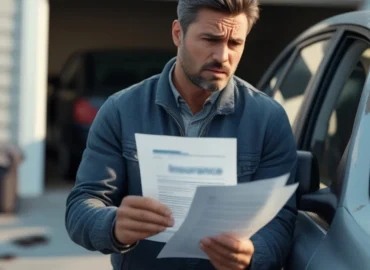 Proprietário de carro usado analisando apólice de seguro com expressão de dúvida após ter sinistro negado.