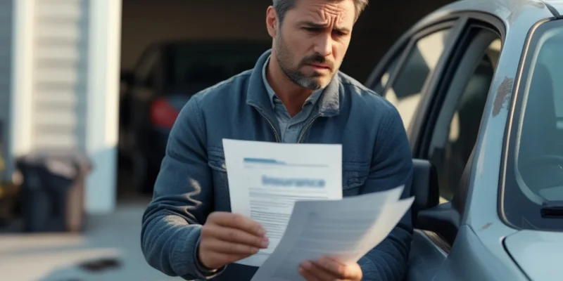 Proprietário de carro usado analisando apólice de seguro com expressão de dúvida após ter sinistro negado.