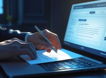 Pessoa utilizando certificado digital em um notebook para assinar um contrato eletrônico com validade jurídica.