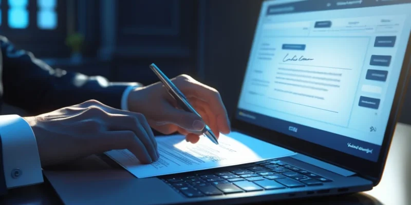 Pessoa utilizando certificado digital em um notebook para assinar um contrato eletrônico com validade jurídica.