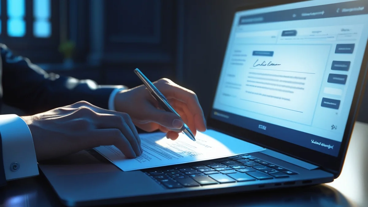 Pessoa utilizando certificado digital em um notebook para assinar um contrato eletrônico com validade jurídica.