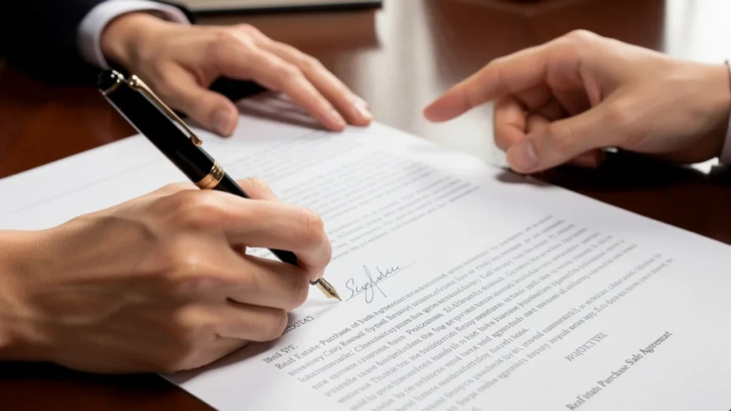 Mãos assinando contrato de compra e venda de imóvel em processo de inventário, representando a cessão de direitos hereditários.