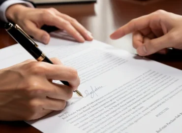 Mãos assinando contrato de compra e venda de imóvel em processo de inventário, representando a cessão de direitos hereditários.