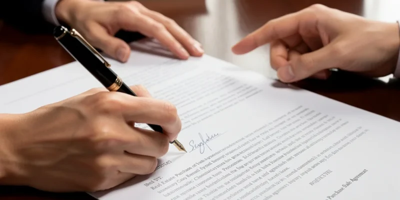 Mãos assinando contrato de compra e venda de imóvel em processo de inventário, representando a cessão de direitos hereditários.