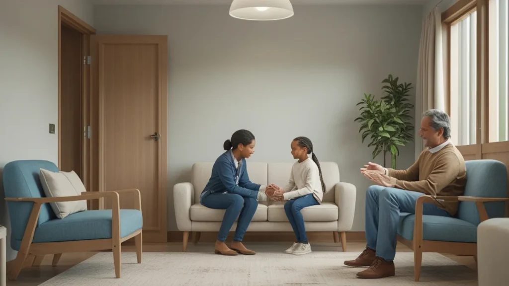 Representação de uma sala de mediação familiar onde ocorre uma visita assistida com supervisão profissional.