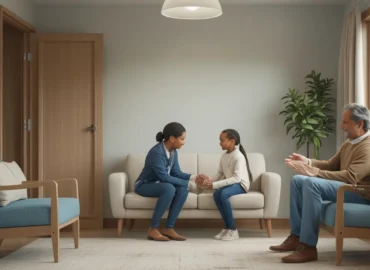 Representação de uma sala de mediação familiar onde ocorre uma visita assistida com supervisão profissional.