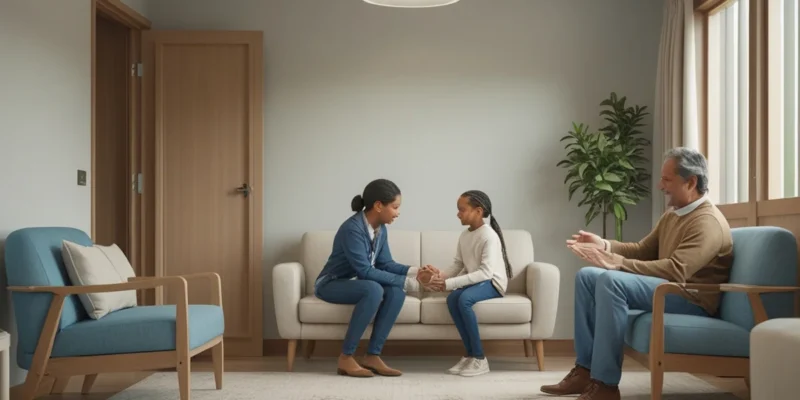 Representação de uma sala de mediação familiar onde ocorre uma visita assistida com supervisão profissional.