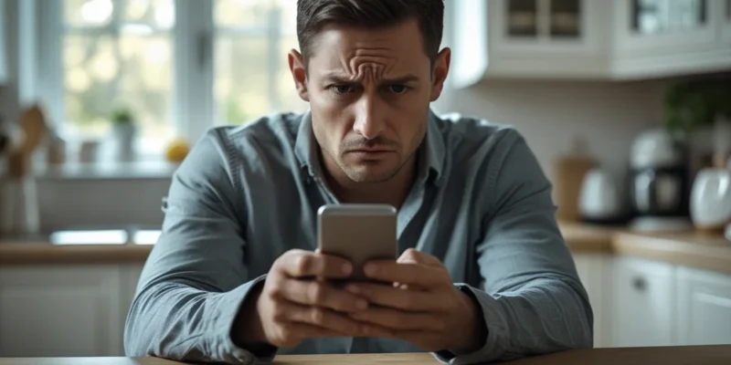 Pessoa preocupada olhando celular com aplicativo bancário aberto, representando fraude em financiamento digital.