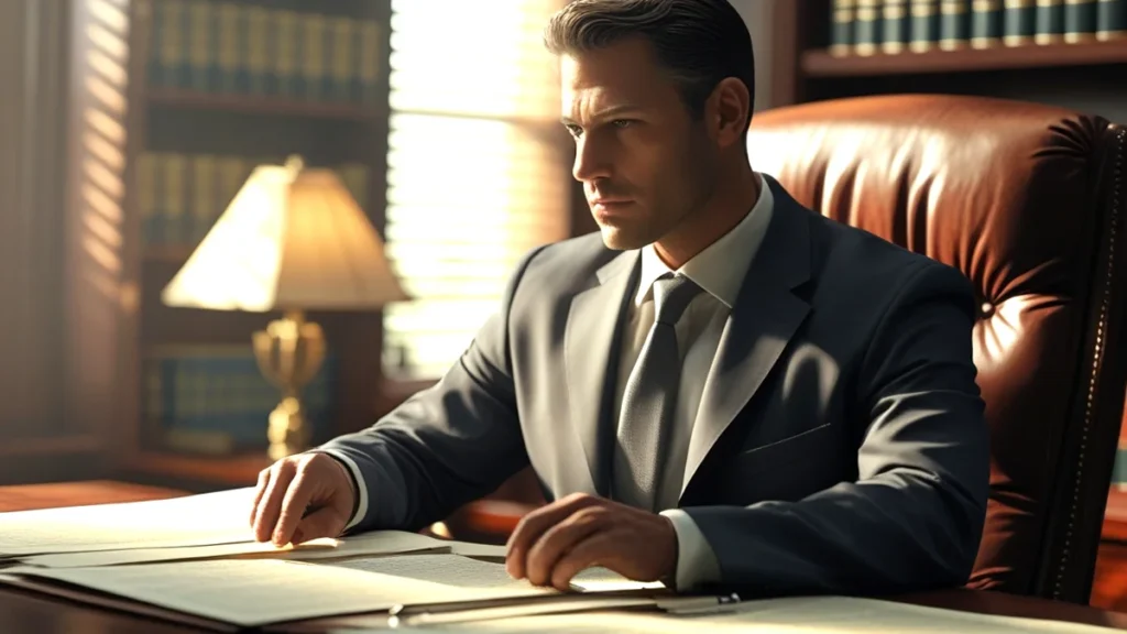 Advogado em escritório de advocacia analisando cláusulas de contrato para identificar possíveis vícios de consentimento.