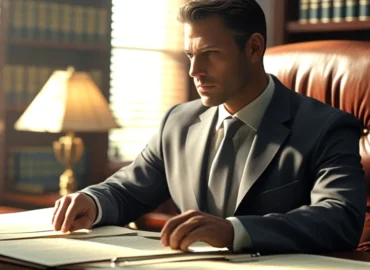 Advogado em escritório de advocacia analisando cláusulas de contrato para identificar possíveis vícios de consentimento.