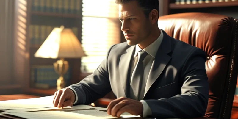 Advogado em escritório de advocacia analisando cláusulas de contrato para identificar possíveis vícios de consentimento.