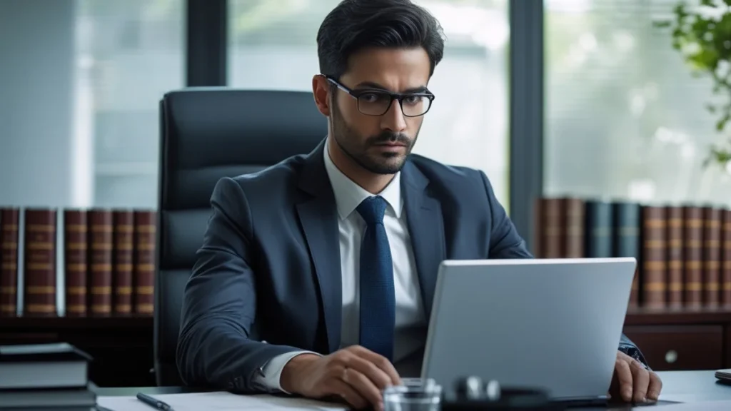 Advogado em escritório em São Paulo analisando provas de fraude no WhatsApp em um celular e notebook.