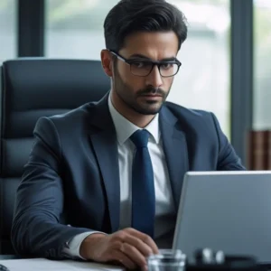 Advogado em escritório em São Paulo analisando provas de fraude no WhatsApp em um celular e notebook.