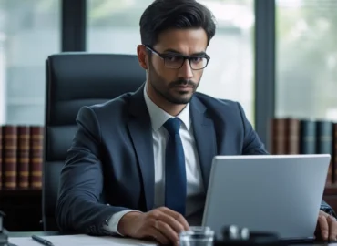 Advogado em escritório em São Paulo analisando provas de fraude no WhatsApp em um celular e notebook.