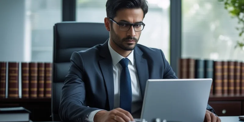 Advogado em escritório em São Paulo analisando provas de fraude no WhatsApp em um celular e notebook.