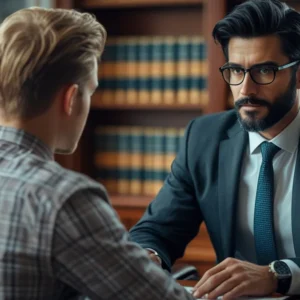 Advogado trabalhista em São Paulo conversando com cliente sobre os direitos em caso de demissão discriminatória.