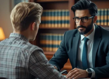 Advogado trabalhista em São Paulo conversando com cliente sobre os direitos em caso de demissão discriminatória.