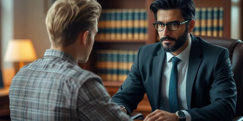 Advogado trabalhista em São Paulo conversando com cliente sobre os direitos em caso de demissão discriminatória.