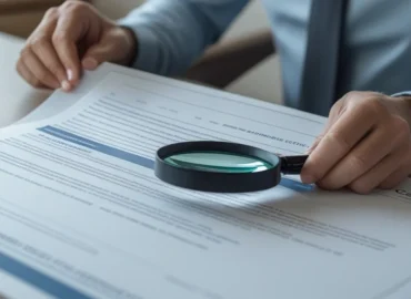Consumidor analisando contrato de financiamento imobiliário com lupa, buscando identificar taxas de venda casada.