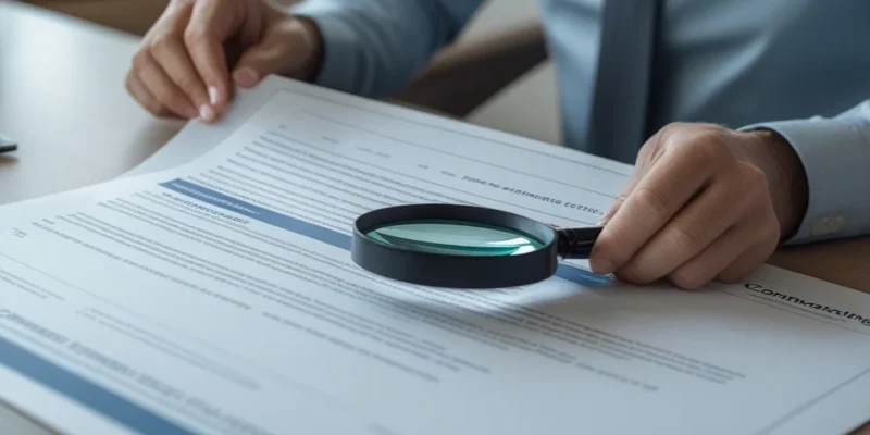 Consumidor analisando contrato de financiamento imobiliário com lupa, buscando identificar taxas de venda casada.