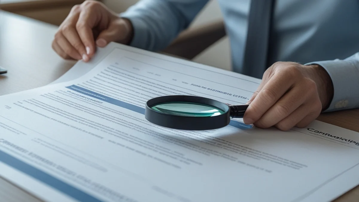 Consumidor analisando contrato de financiamento imobiliário com lupa, buscando identificar taxas de venda casada.