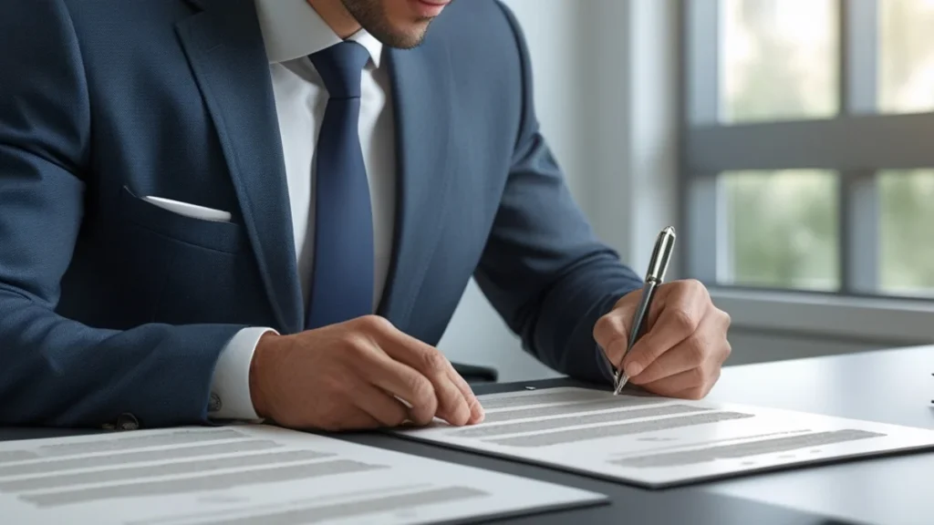 Pessoa assinando termo de entrega de chaves de imóvel alugado, simbolizando a rescisão contratual amparada pela lei.