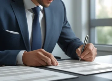 Pessoa assinando termo de entrega de chaves de imóvel alugado, simbolizando a rescisão contratual amparada pela lei.