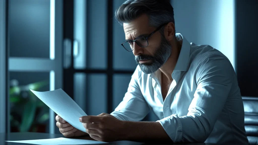 Pessoa analisando contrato de compra e venda de imóvel com expressão pensativa, representando a dúvida sobre desistência.