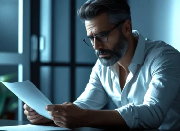 Pessoa analisando contrato de compra e venda de imóvel com expressão pensativa, representando a dúvida sobre desistência.