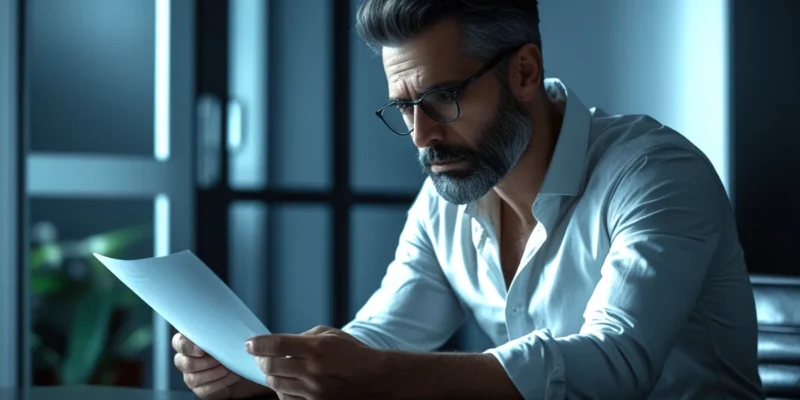 Pessoa analisando contrato de compra e venda de imóvel com expressão pensativa, representando a dúvida sobre desistência.