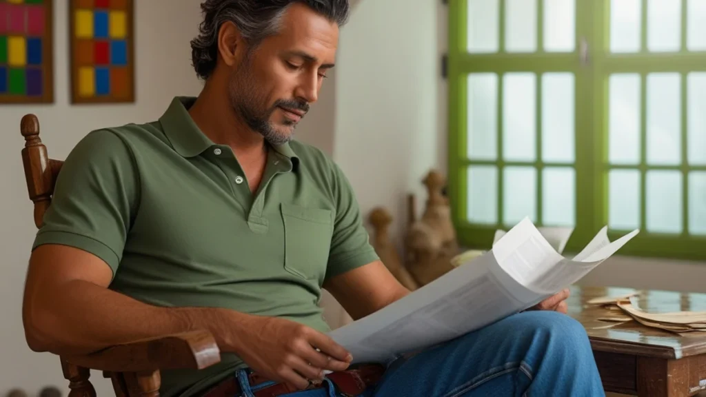 Trabalhador em São Paulo analisando documento de rescisão trabalhista com calculadora e holerites sobre a mesa.