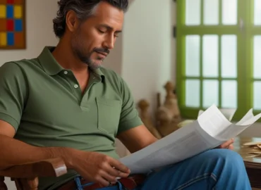 Trabalhador em São Paulo analisando documento de rescisão trabalhista com calculadora e holerites sobre a mesa.
