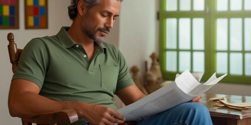 Trabalhador em São Paulo analisando documento de rescisão trabalhista com calculadora e holerites sobre a mesa.