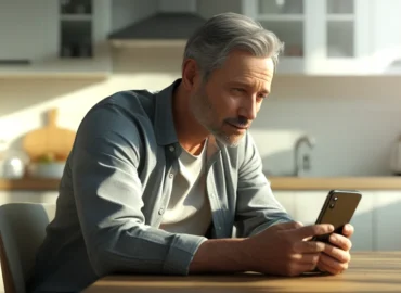 Pessoa preocupada consultando o aplicativo do Serasa no celular para verificar dívidas prescritas e score de crédito.