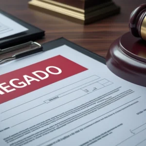 Documento de apólice de seguro com carimbo de "negado" ao lado de um martelo de juiz, representando a contestação judicial.