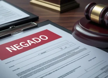 Documento de apólice de seguro com carimbo de "negado" ao lado de um martelo de juiz, representando a contestação judicial.